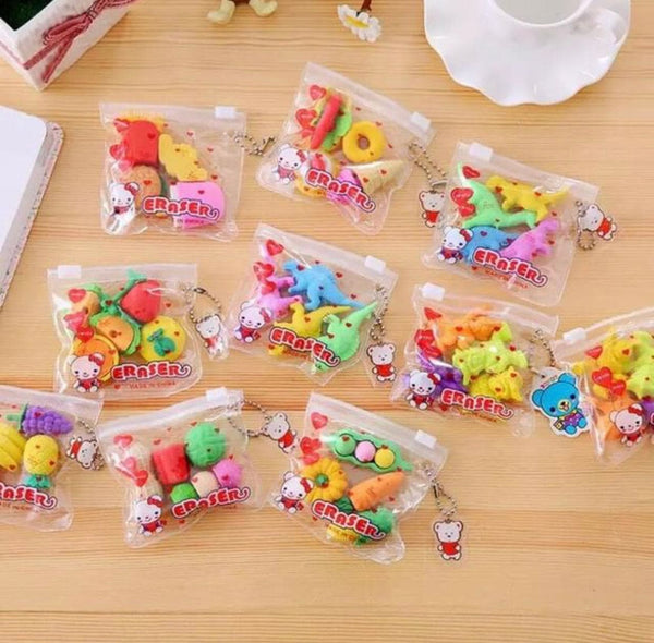 Set Of 4 Erasers Pencil Rubber Stationery Bag, Creative School ag Animal Fruit Cake Rubber, Cartoon Cute School Rubber, Lovely Cartoon Animal Sports Themed Mini Erasers